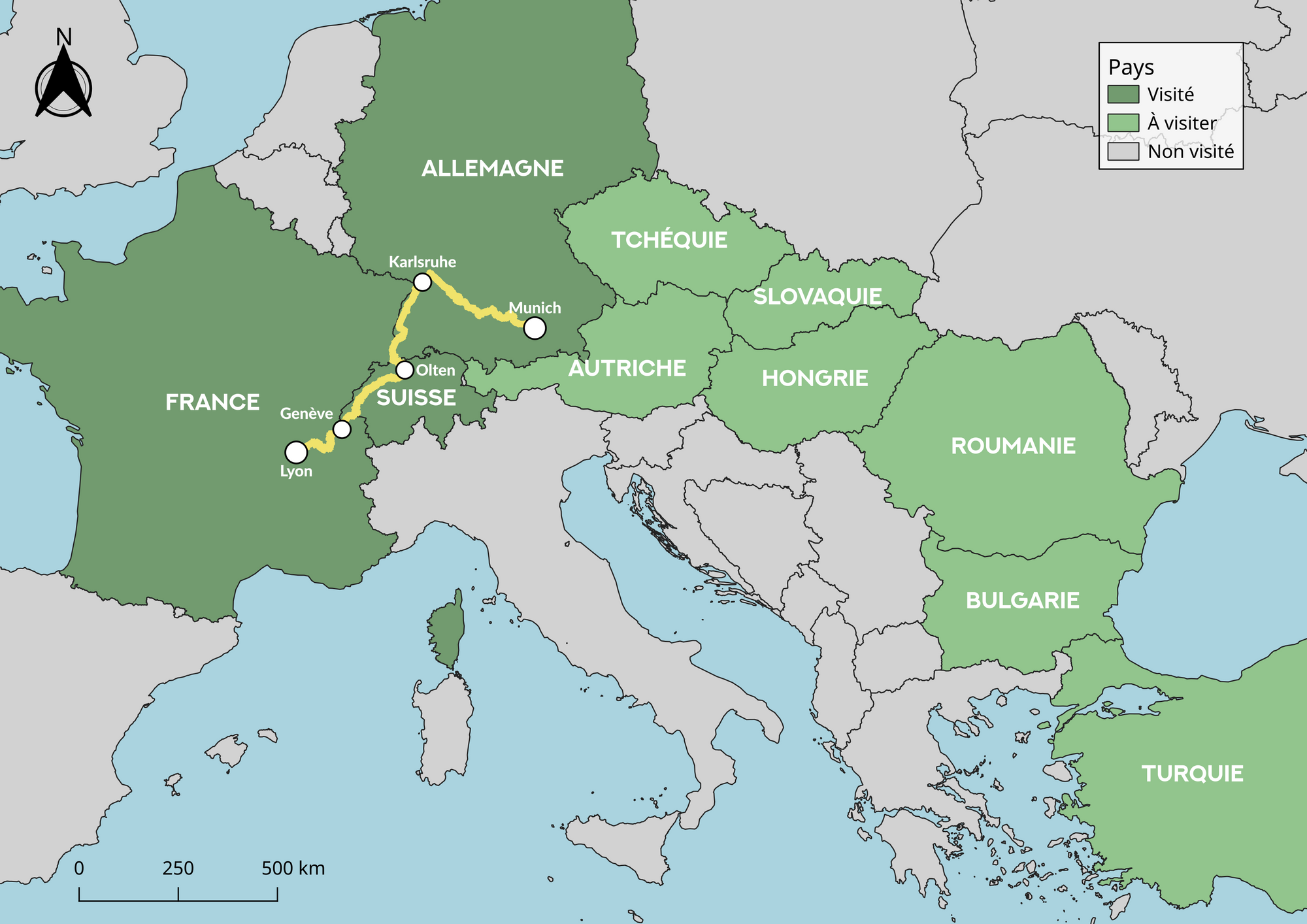 Carte de l'Europe indiquant le trajet en train : Lyon - Genève - Olten - Karlsruhe - Munich