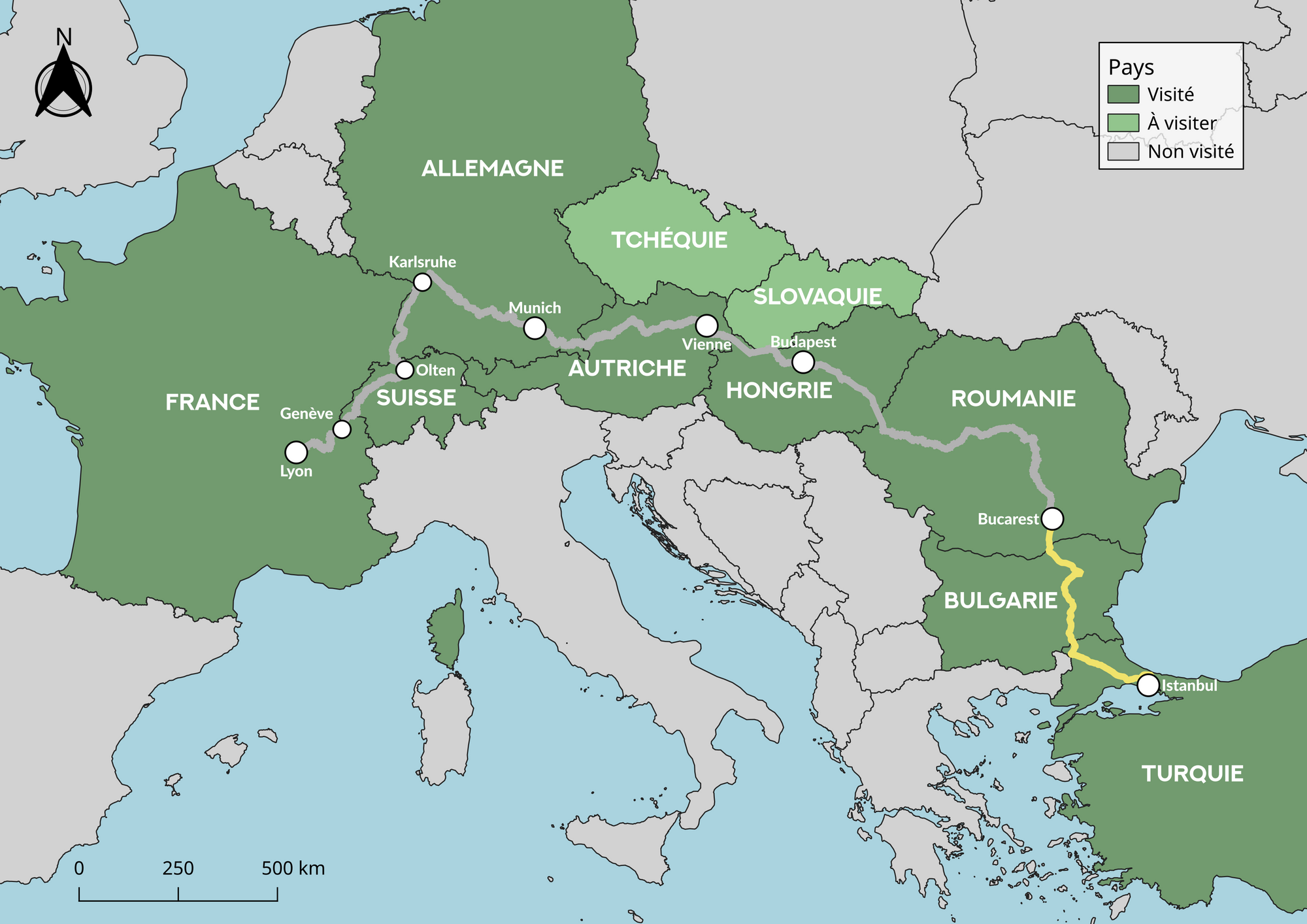 Carte de l'Europe indiquant le trajet en car : Bucarest - Istanbul