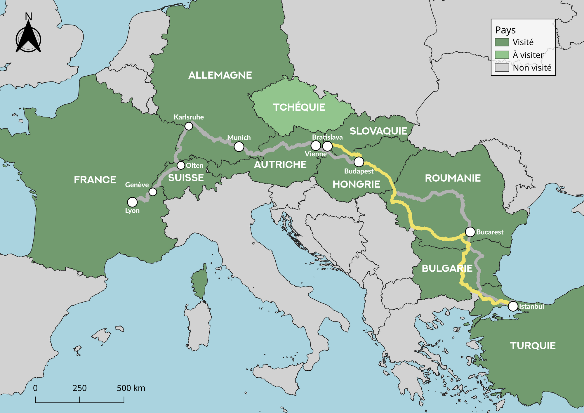 Carte de l'Europe indiquant le trajet en train : Istanbul - Bucarest - Budapest - Bratislava