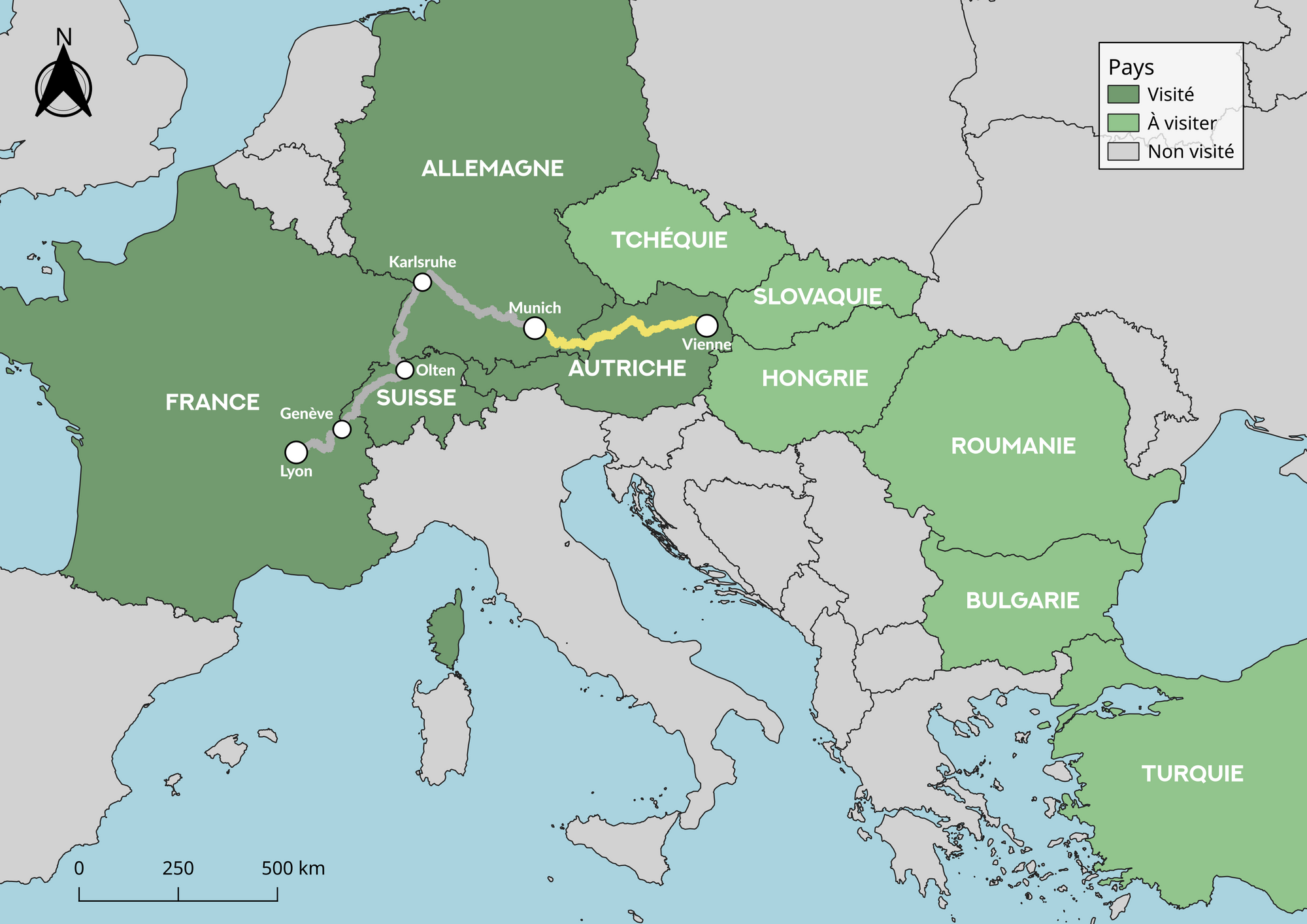 Carte de l'Europe indiquant le trajet en train : Munich - Vienne