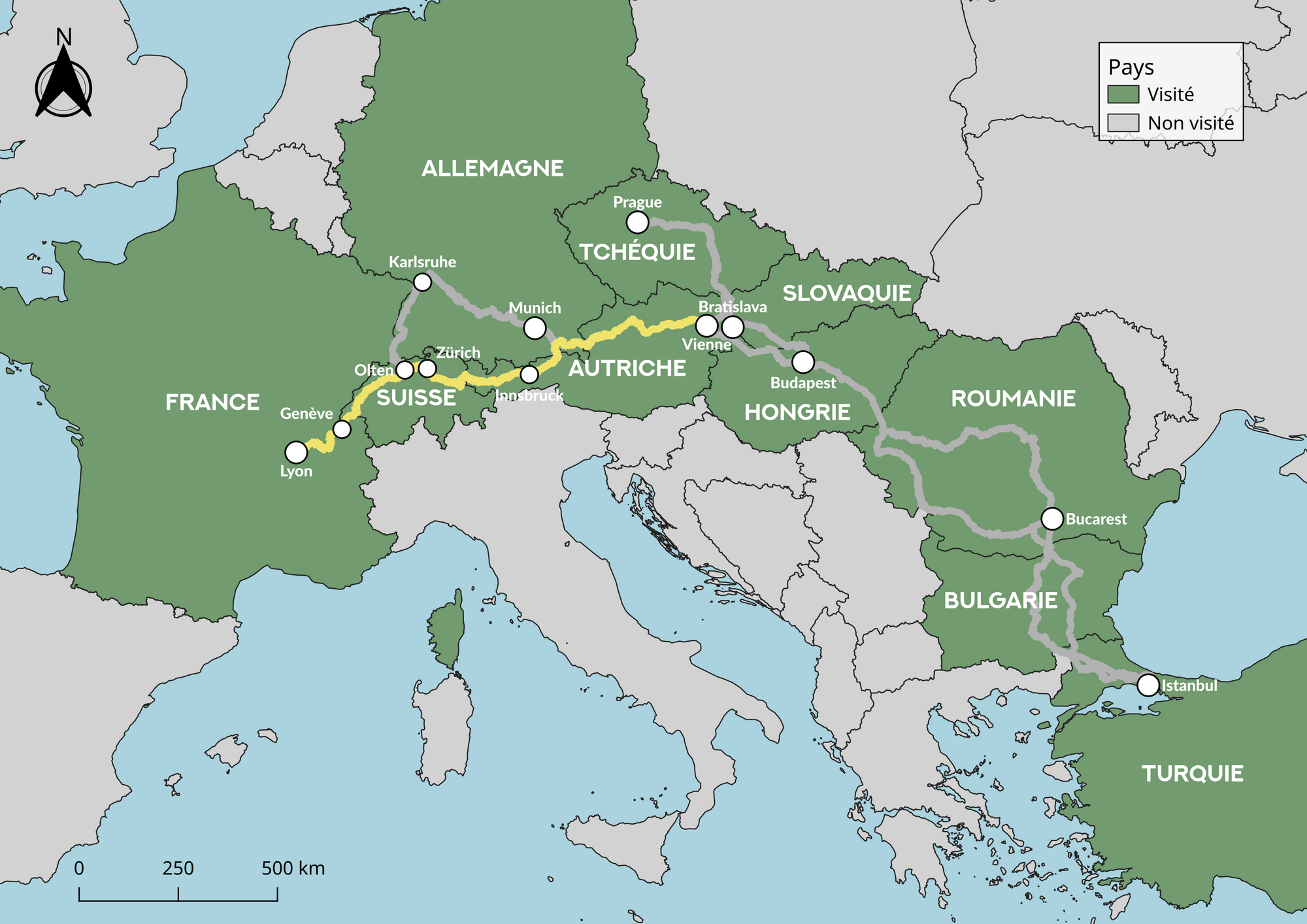 Carte de l'Europe indiquant le trajet en train : Vienne - Innsbruck - Zurich - Genève - Lyon