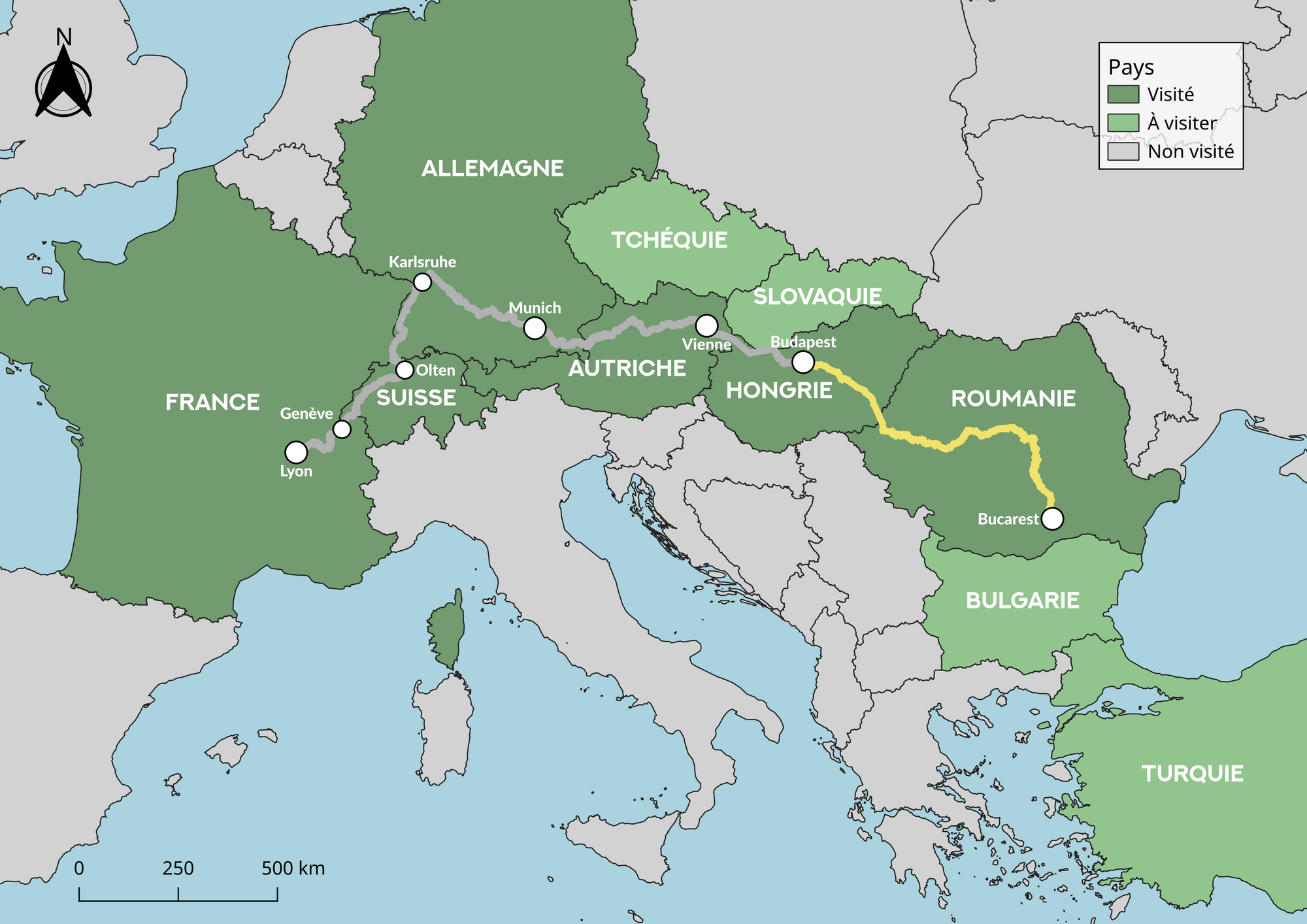 Carte de l'Europe indiquant le trajet en train : Budapest - Bucarest